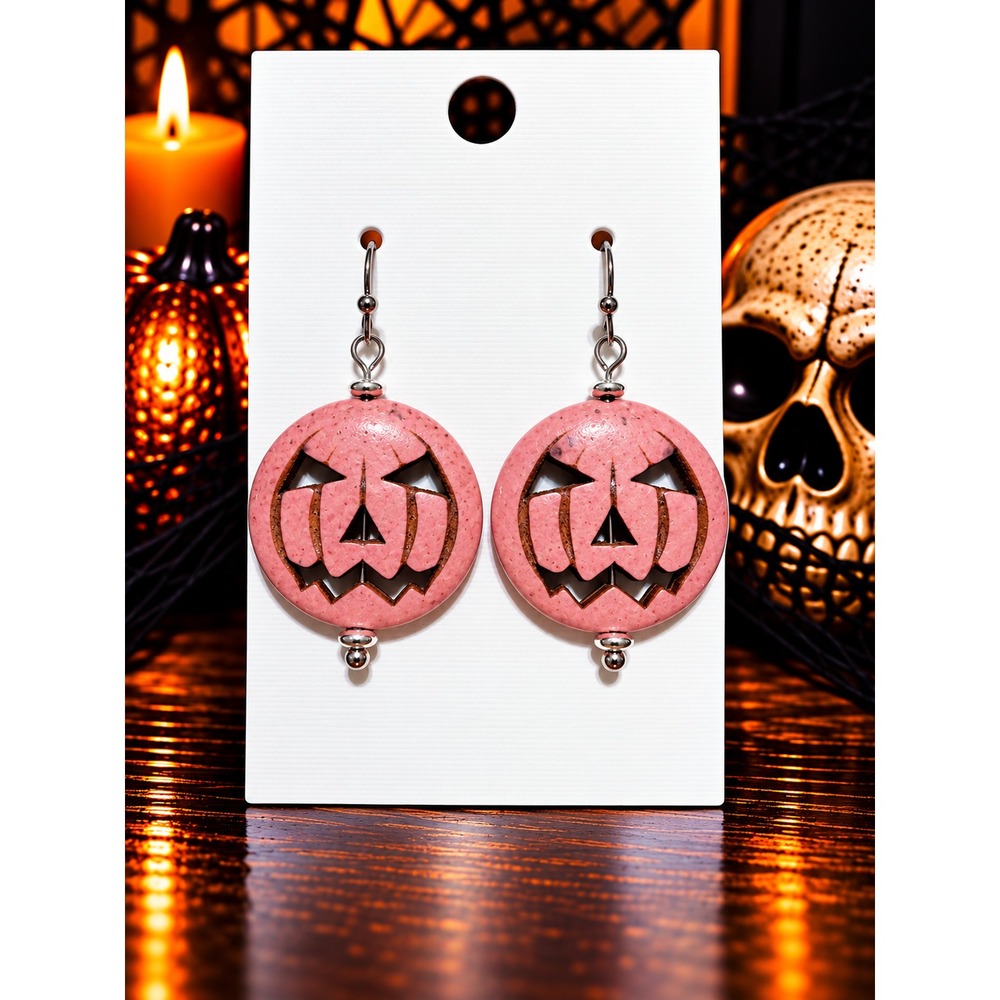 Handmade Pink Howlite Pumpkin Earrings Jack O Lantern Halloween Dangles
